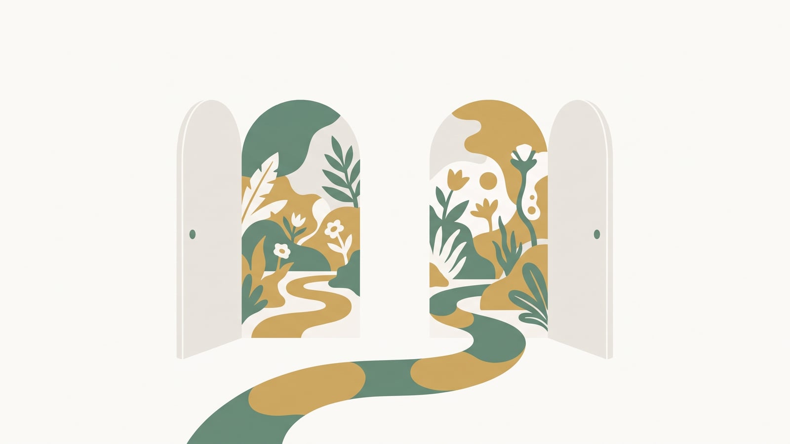 Flat vector illustration of two open doorways leading to the same garden, representing counselling and psychotherapy as two doors into the same work