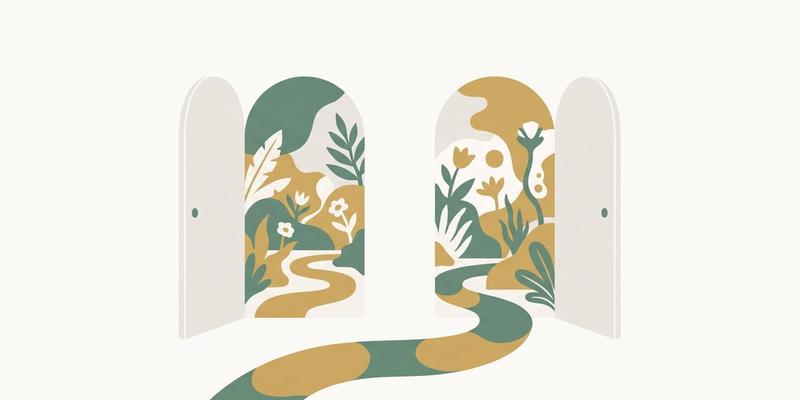Flat vector illustration of two open doorways leading to the same garden, representing counselling and psychotherapy as two doors into the same work