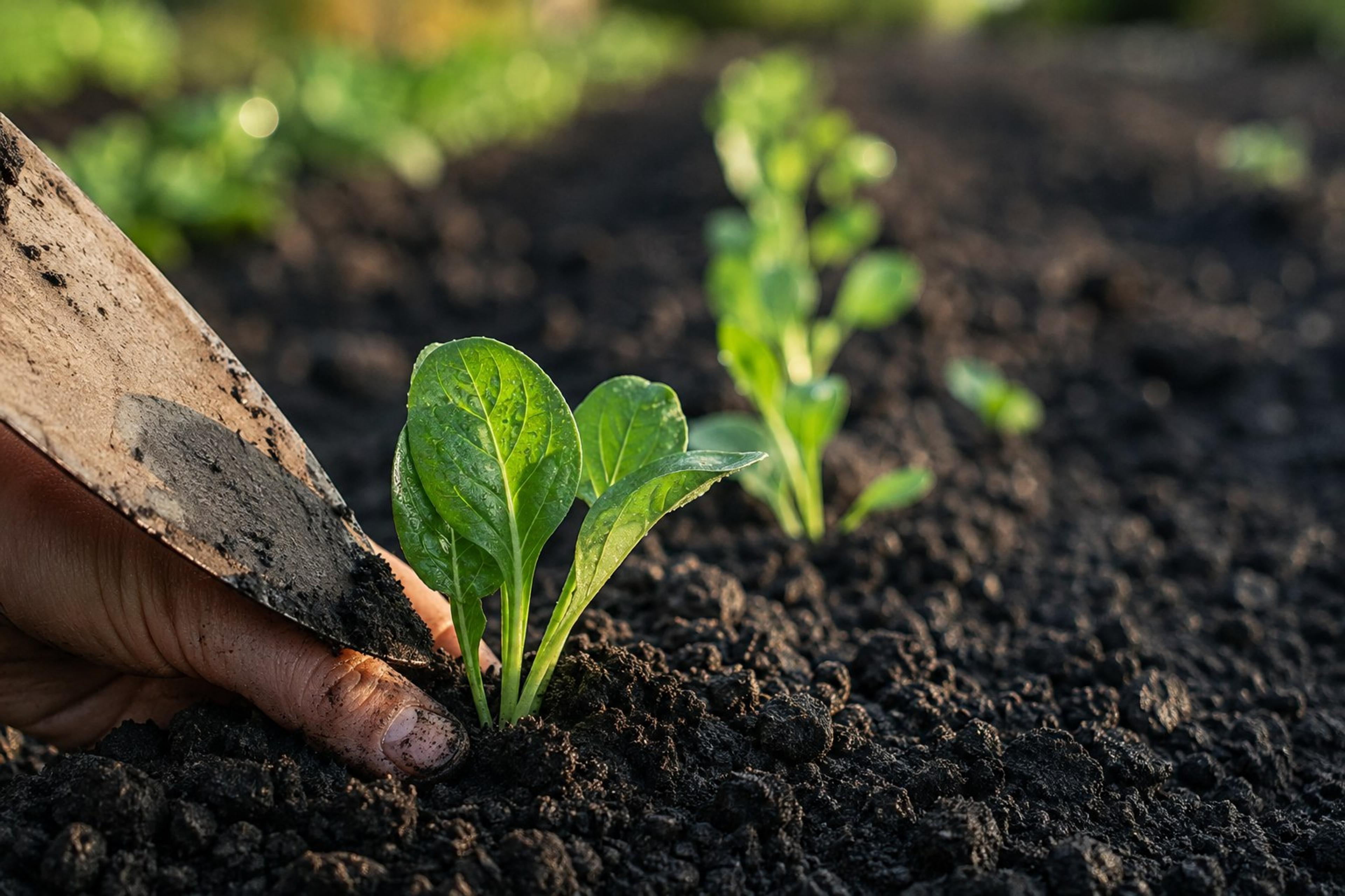 Young seedlings being planted into dark, freshly turned soil