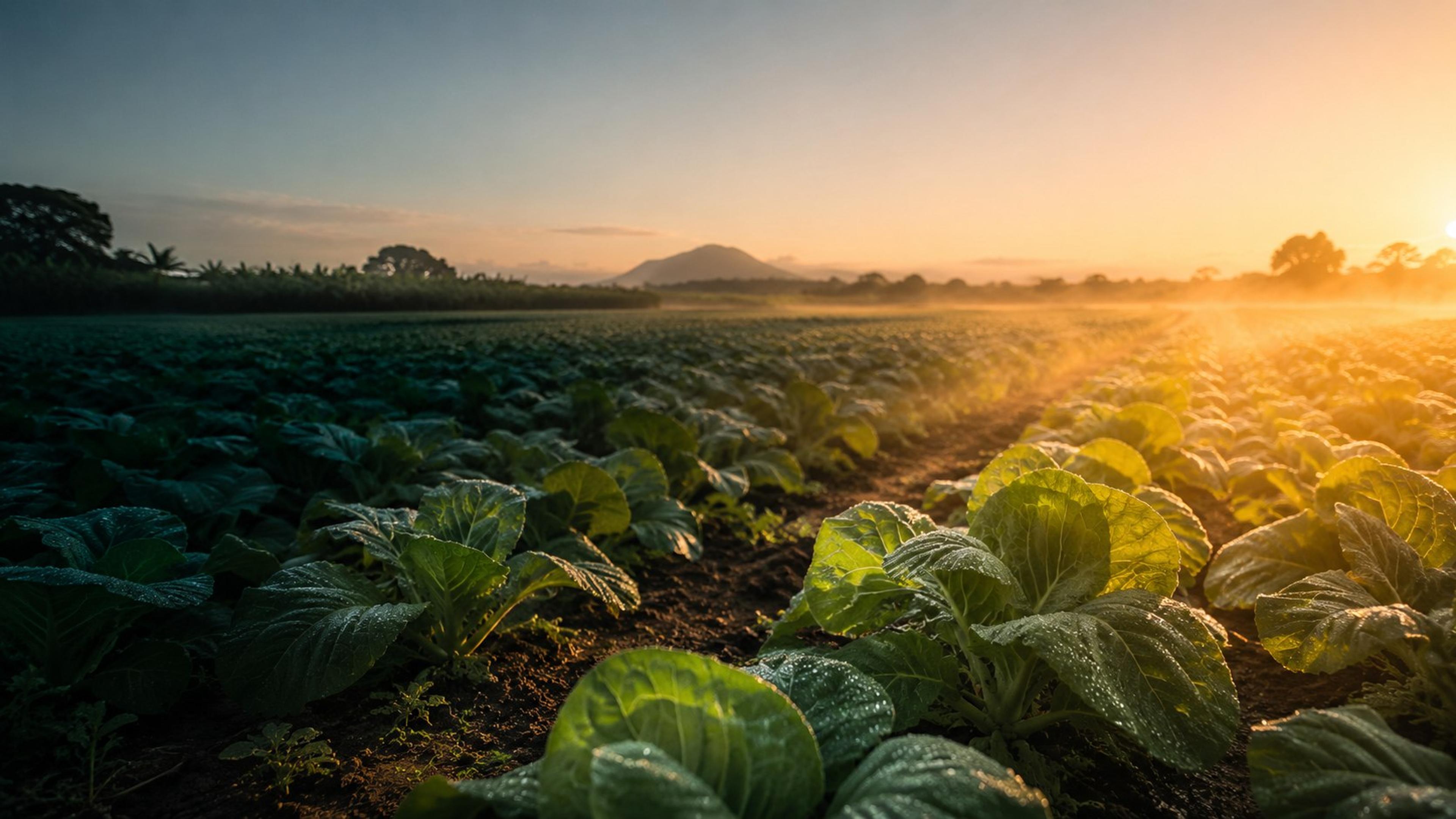 Golden-hour light breaking across the farm's crop rows in Mauritius