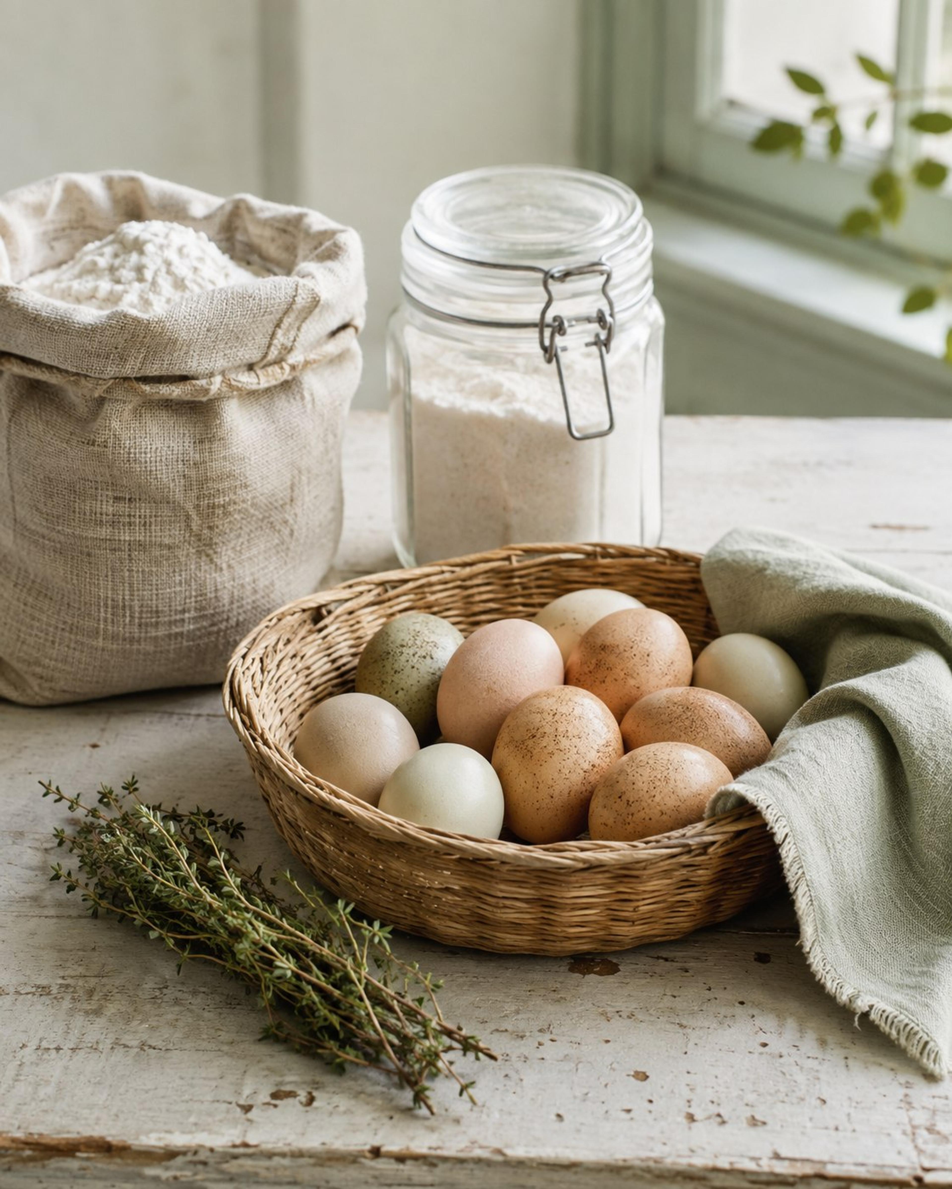 A basket of farm eggs beside pantry staples on a wooden table