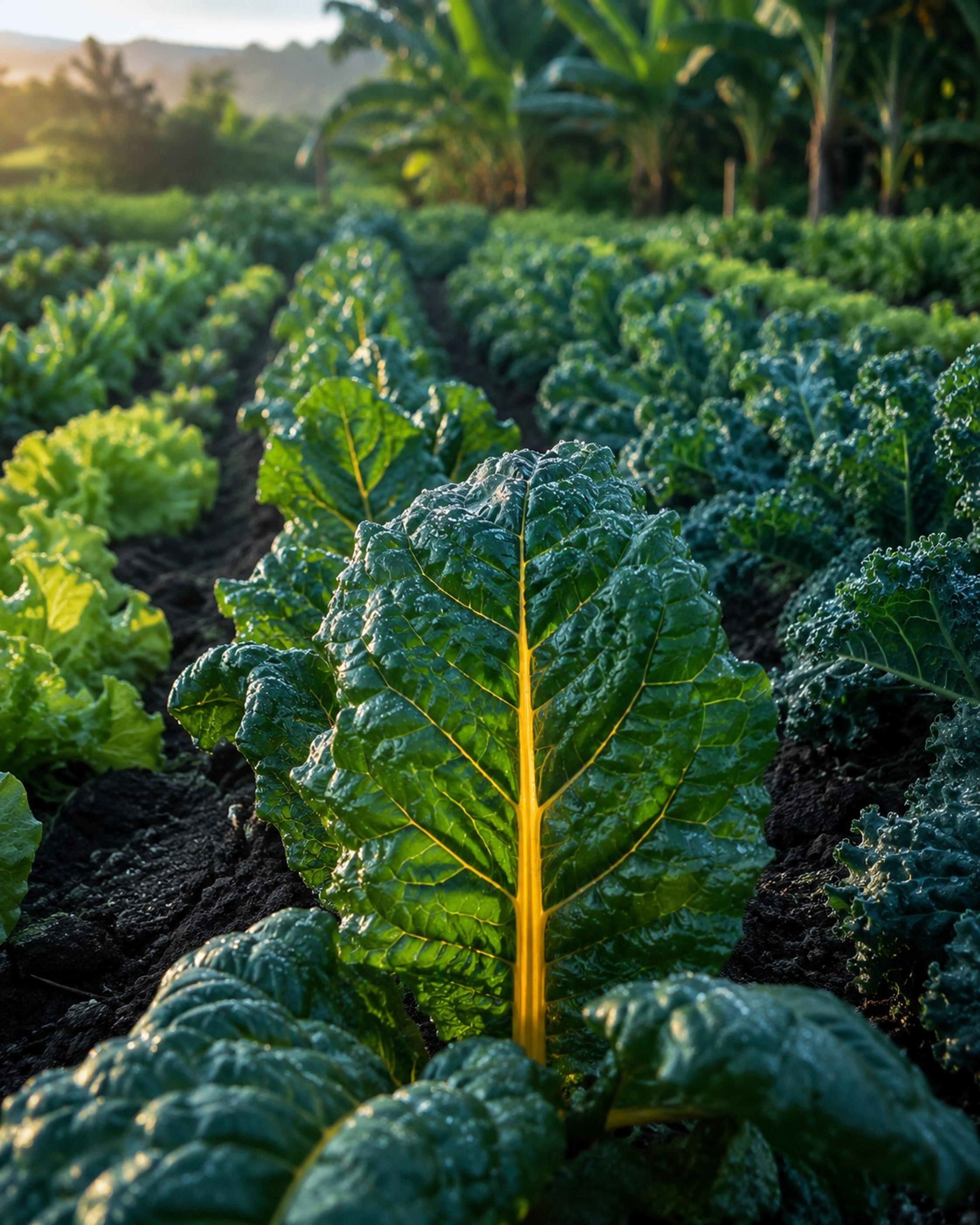 Rows of leafy green vegetables growing in the field at dawn