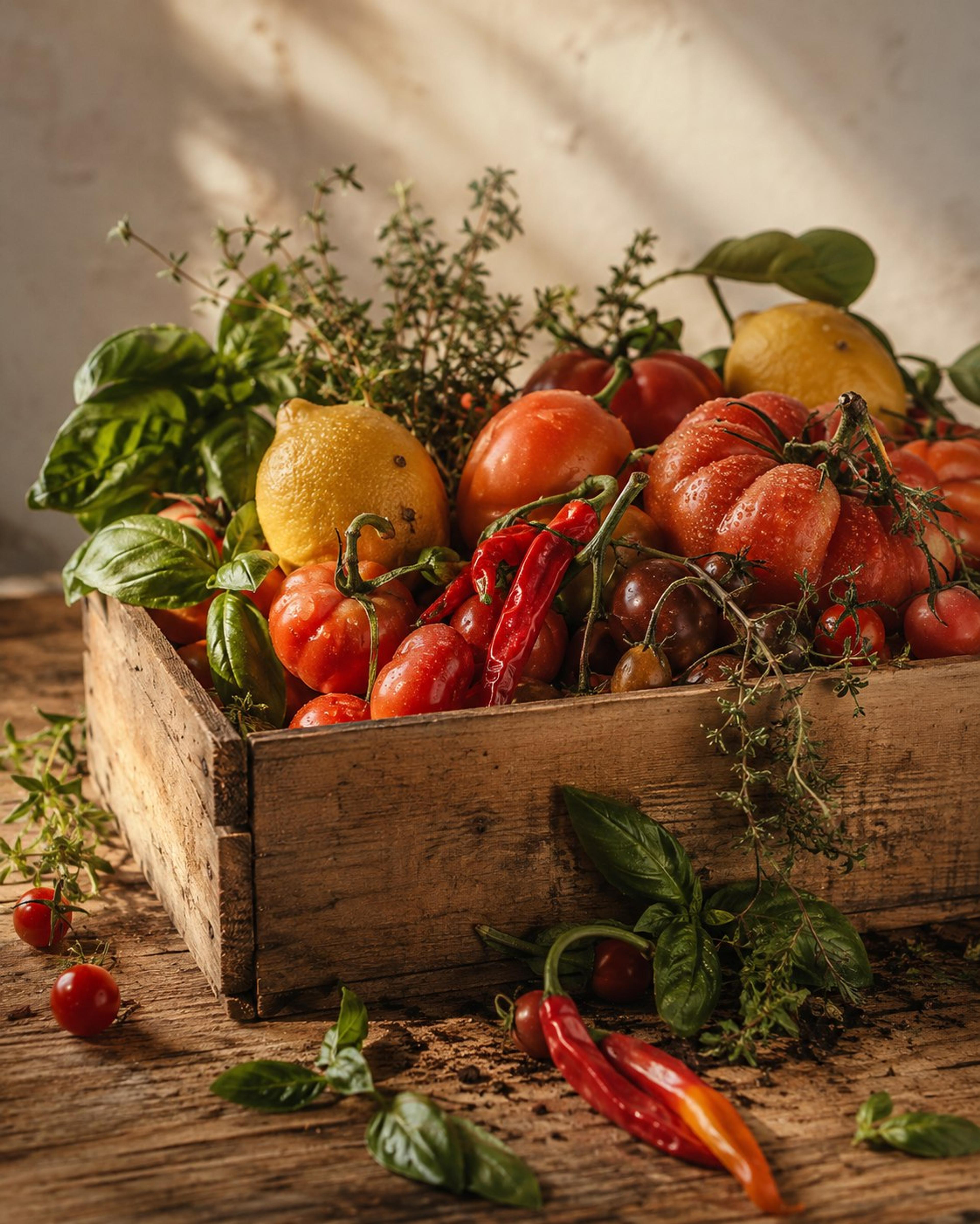 Close-up of freshly picked fruit and herbs in a wooden crate