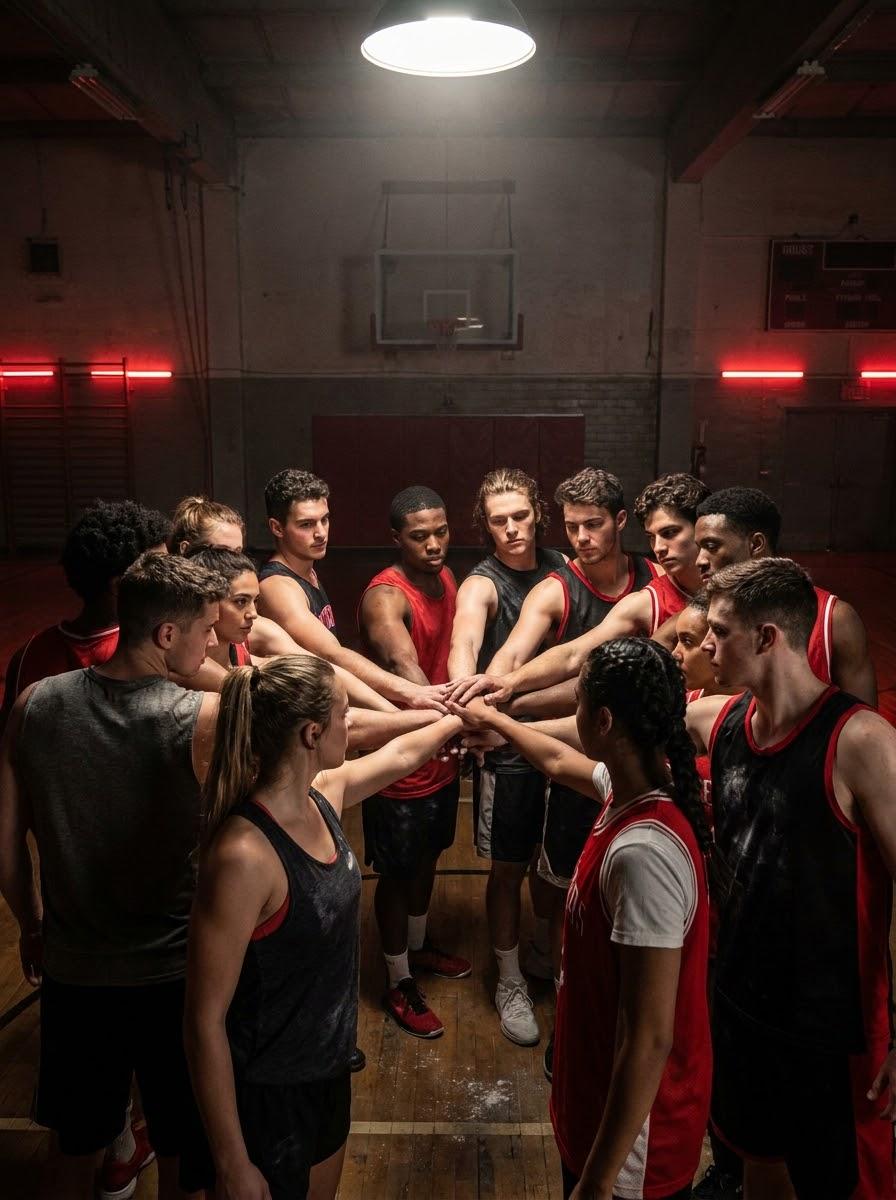 A team of athletes gathered in a circle with their hands stacked in the middle.