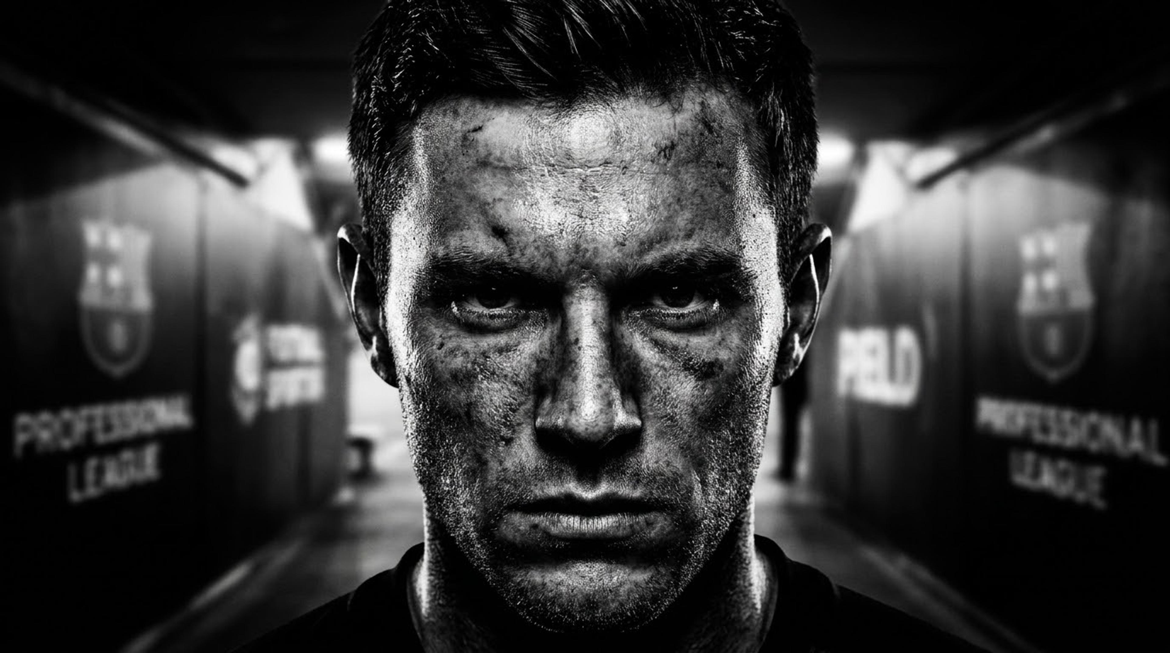 A student-athlete in close-up, jaw set, staring down the camera in a dim gym.
