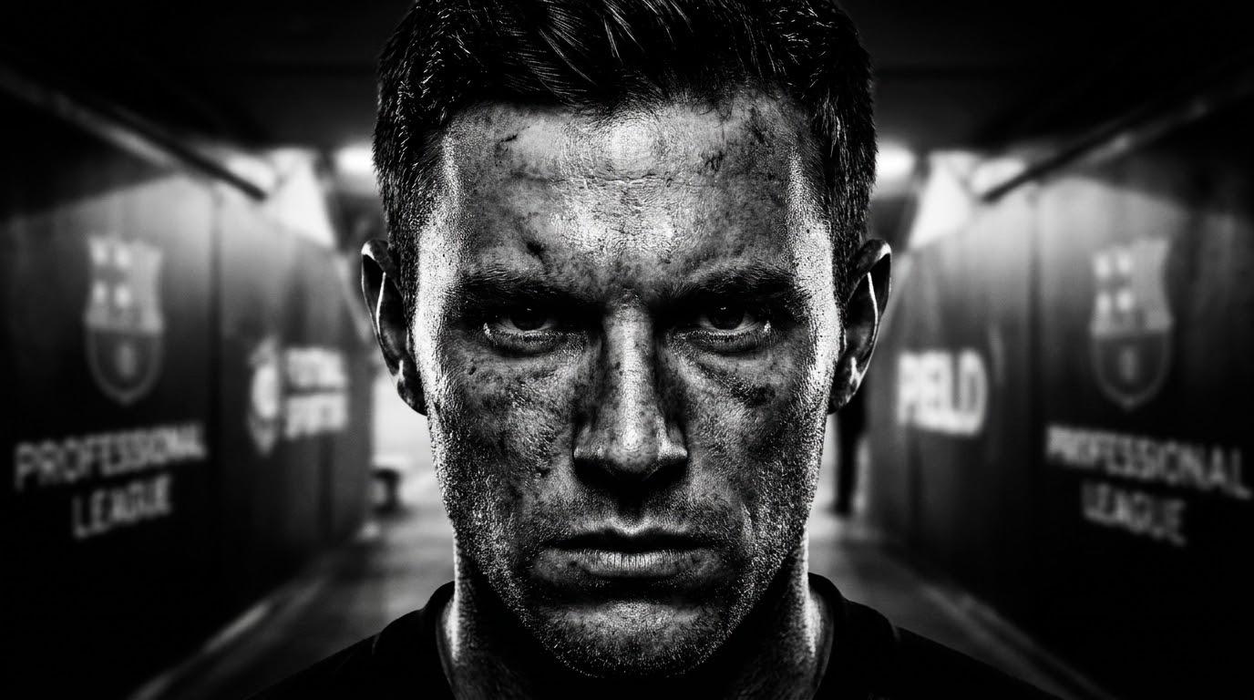 A student-athlete in close-up, jaw set, staring down the camera in a dim gym.