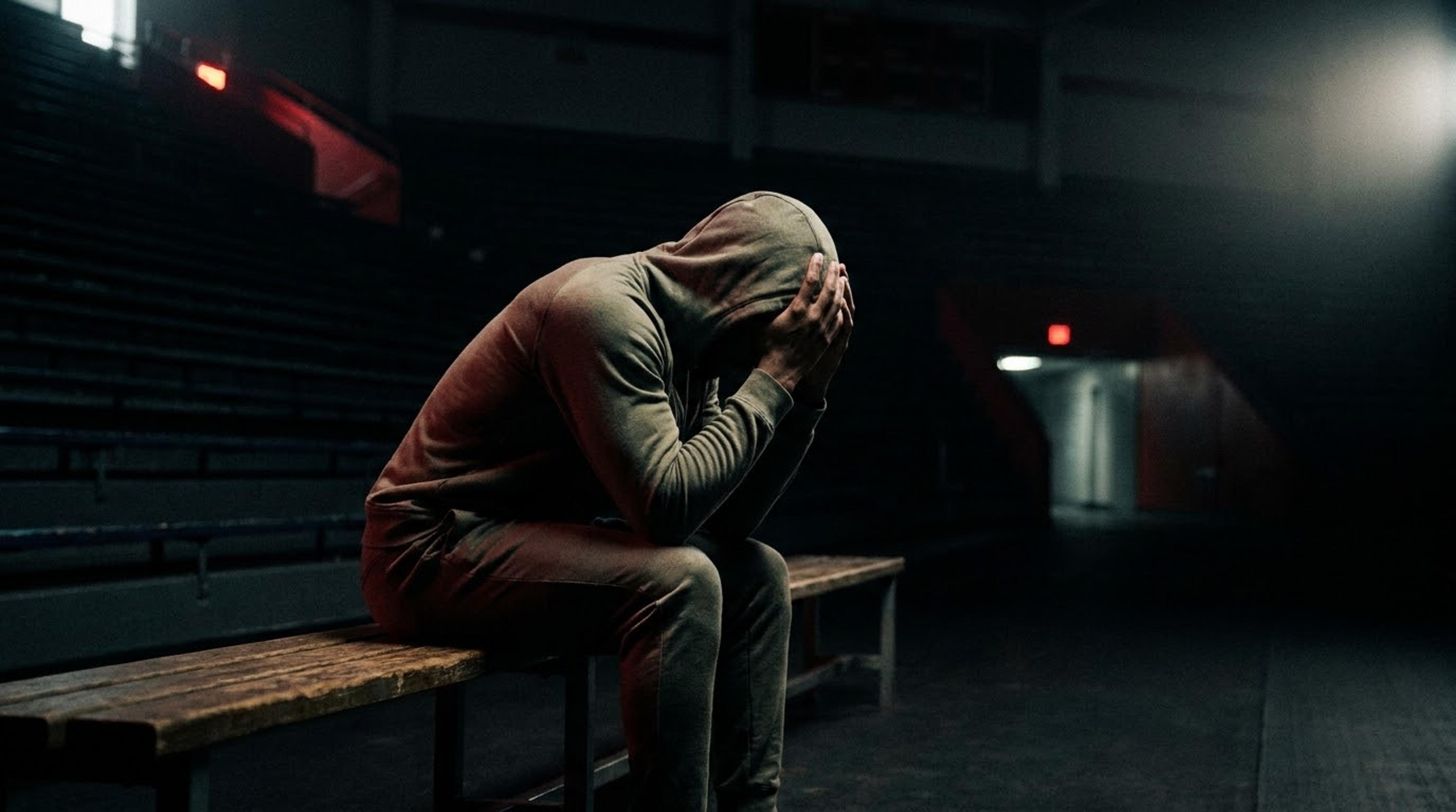 A lone athlete sitting head-down on a bench in a darkened stadium.