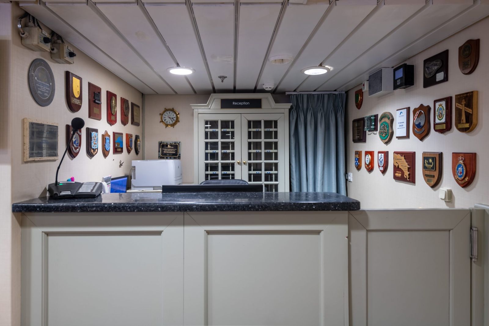 Reception, with plaques from ports of call