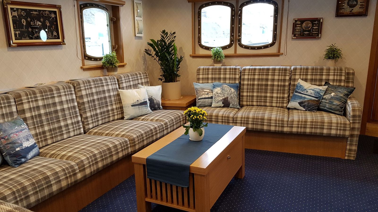 The panelled lounge on board