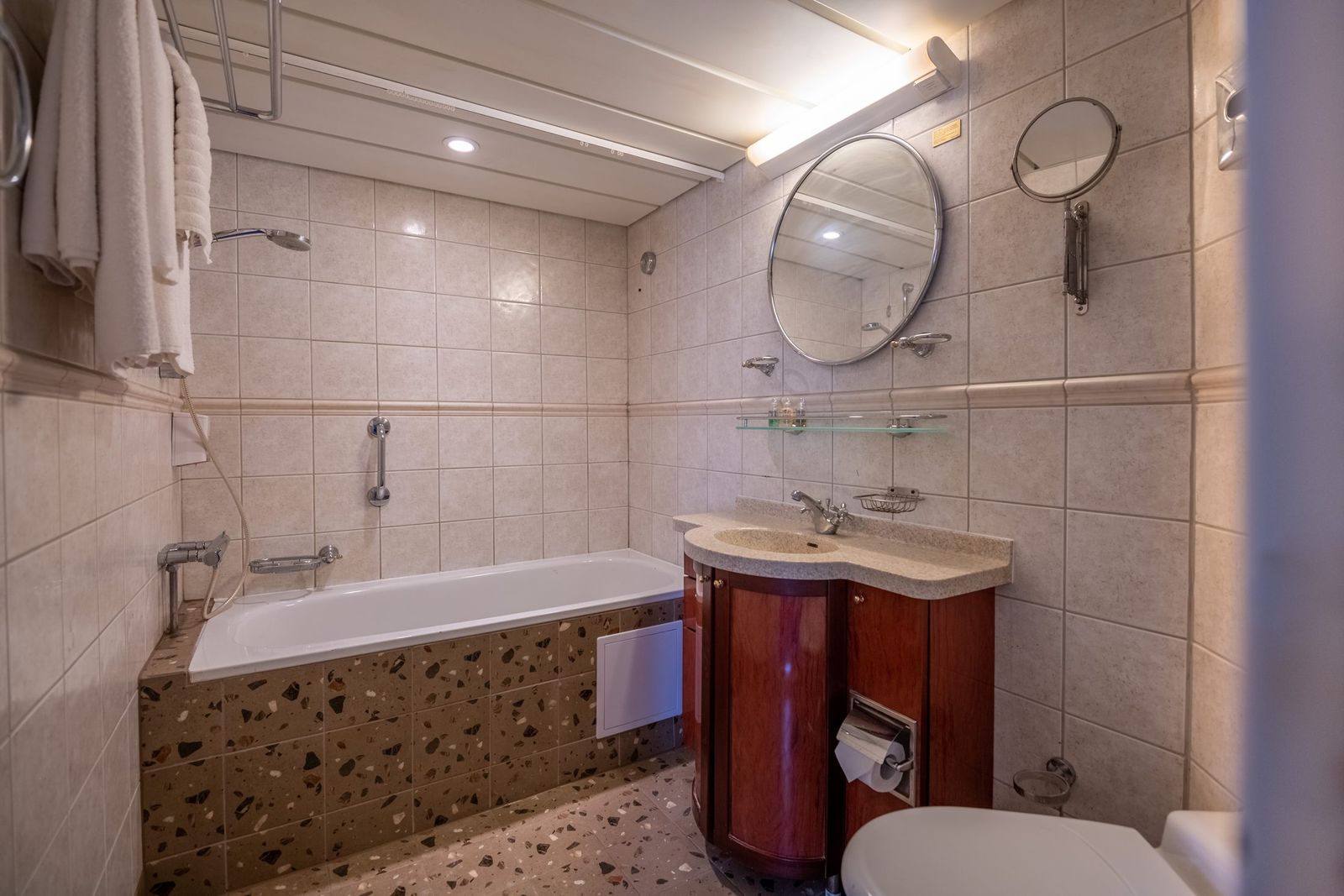 En-suite bathroom in a deluxe stateroom