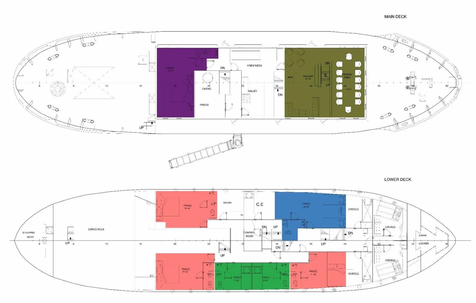 Deck plan of M/S Balto showing the main deck and lower deck with cabin categories