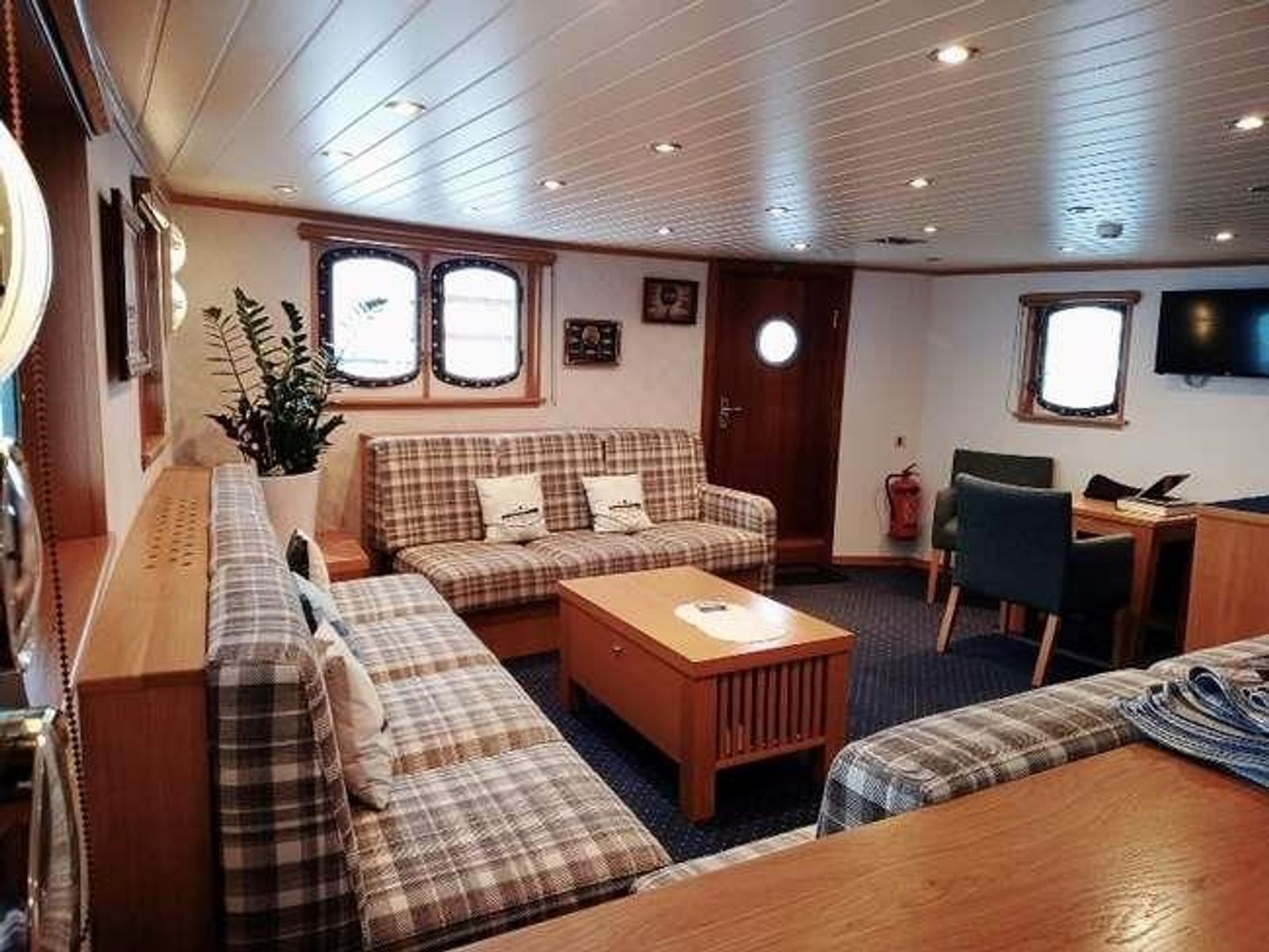 The sheltered deck passage with a view of the coast