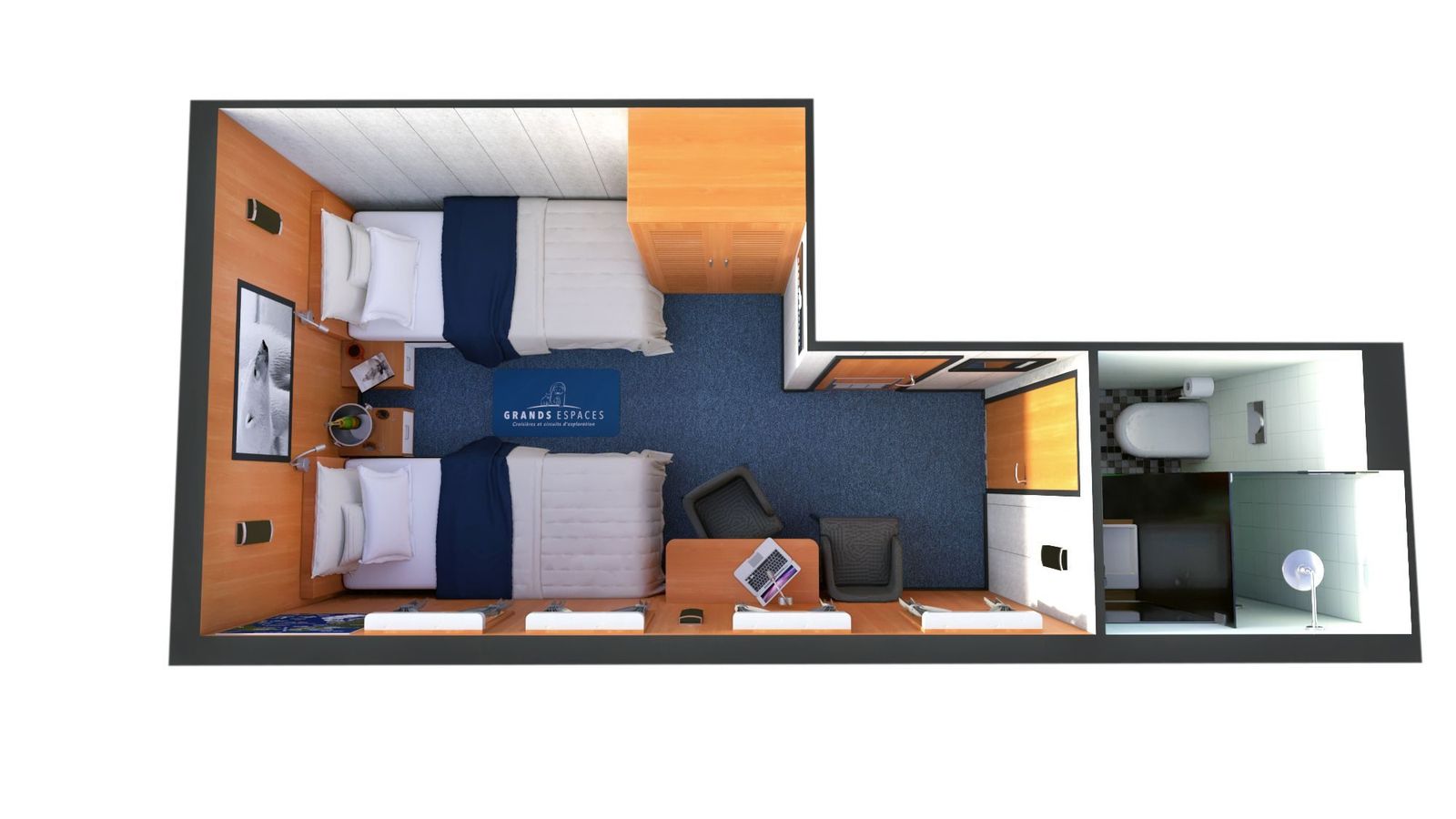 Three-dimensional plan of a twin cabin aboard M/S Nanook