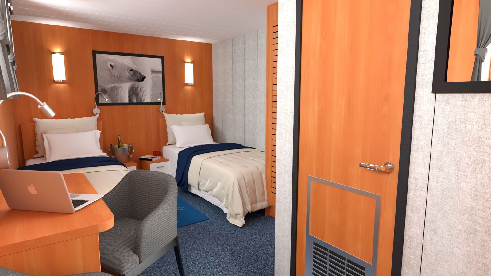 A planned twin cabin with desk aboard M/S Nanook