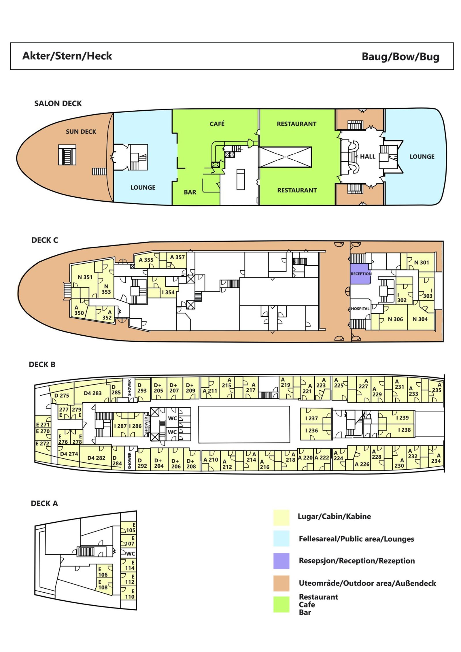 Deck plan of MS Nordstjernen showing the salon deck and decks A, B and C