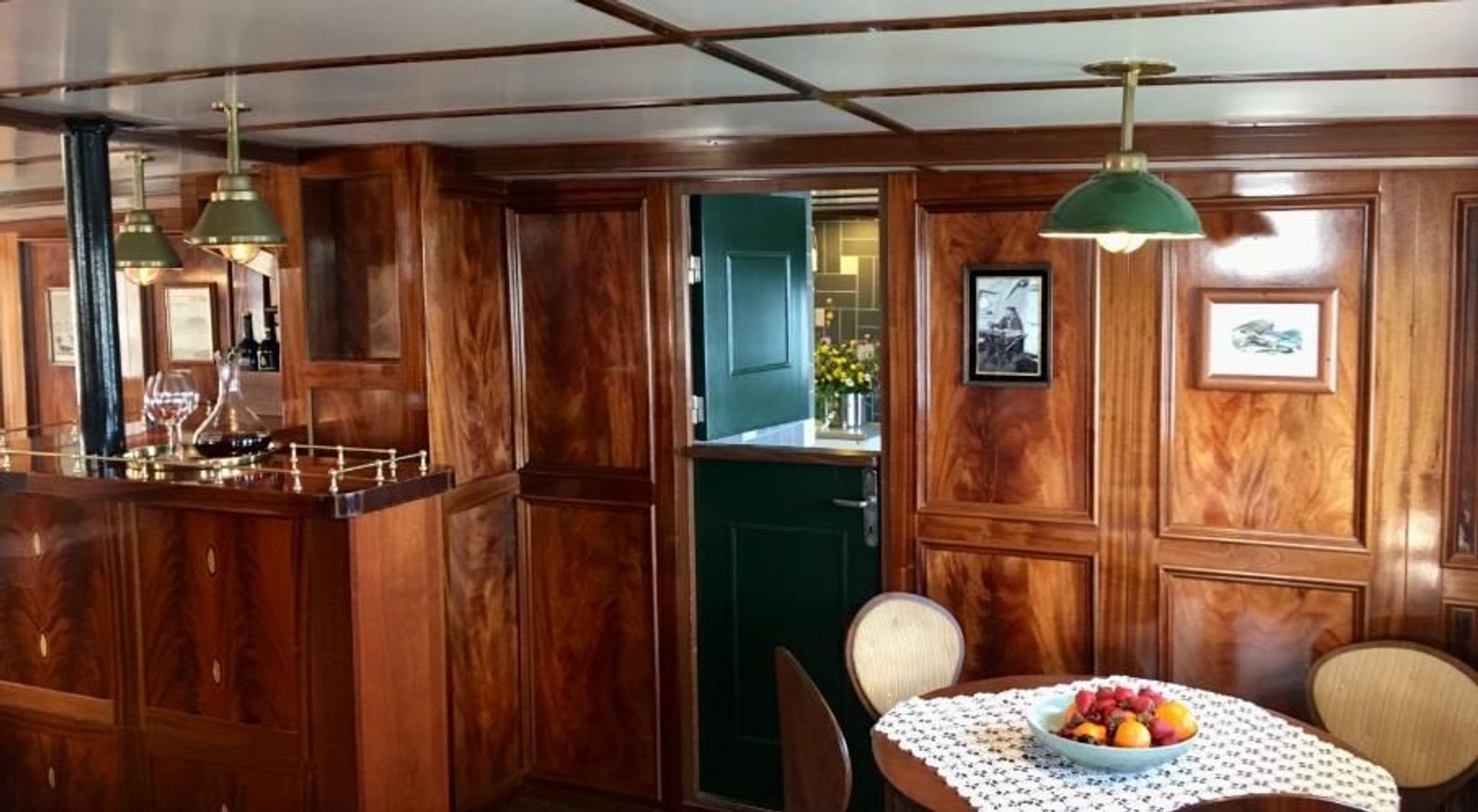 The mahogany saloon and bar aboard M/S Balto