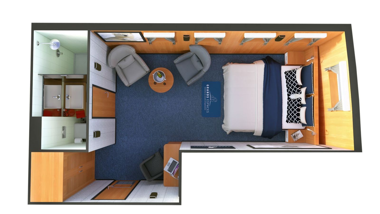 Three-dimensional plan of a cabin aboard M/S Nanook