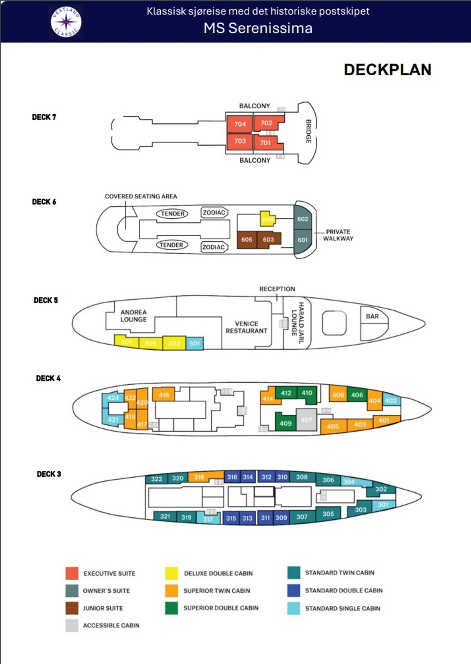 Deck plan of MS Serenissima showing decks 3 to 7 with cabin categories