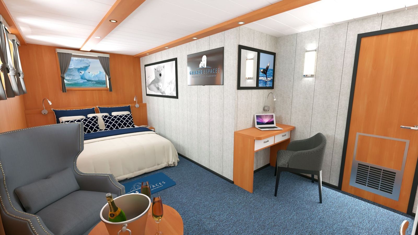A planned cabin with seating aboard M/S Nanook