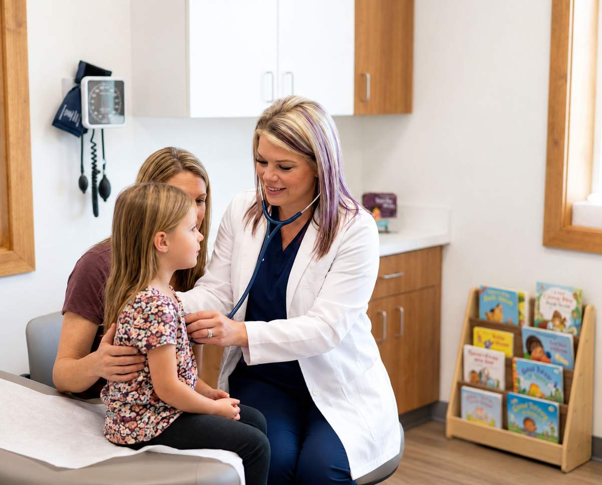 Jenni with a pediatric patient and parent