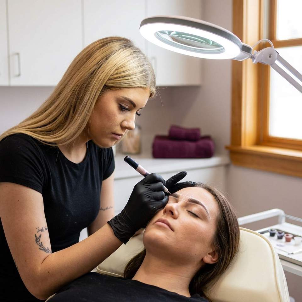 Miranda applying permanent brow makeup