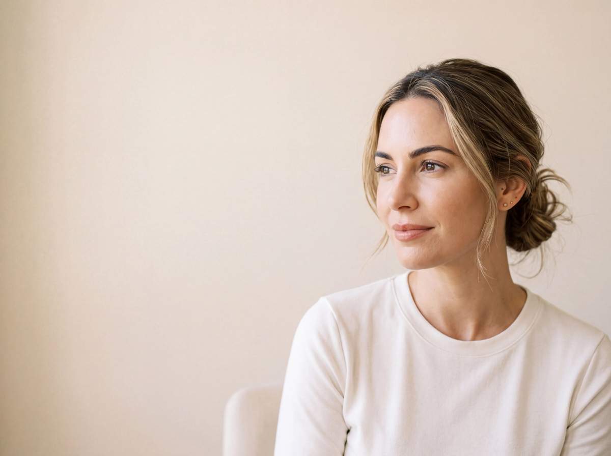 Smiling woman in a cream sweater against a warm neutral wall