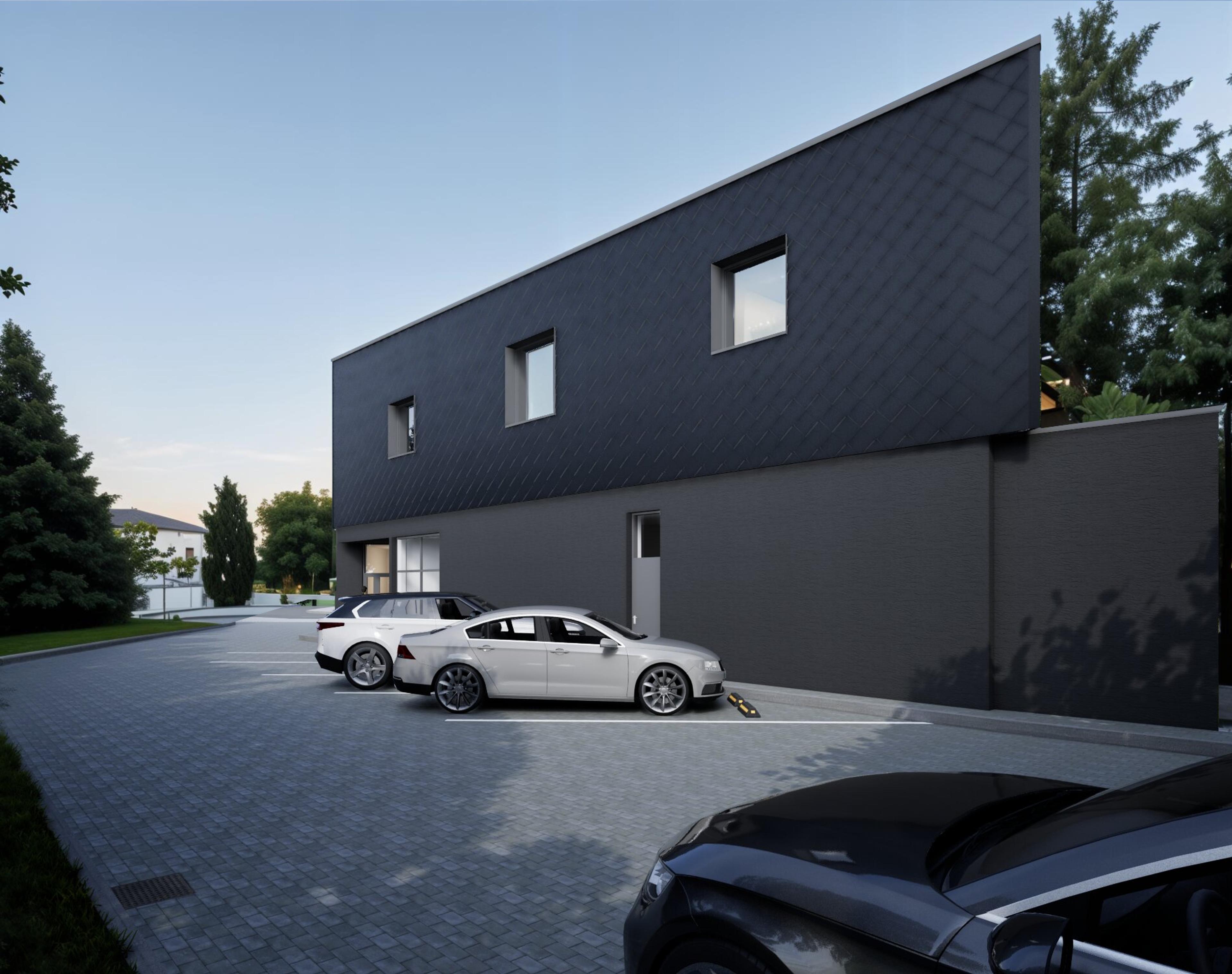 widok budynku od strony parkingu