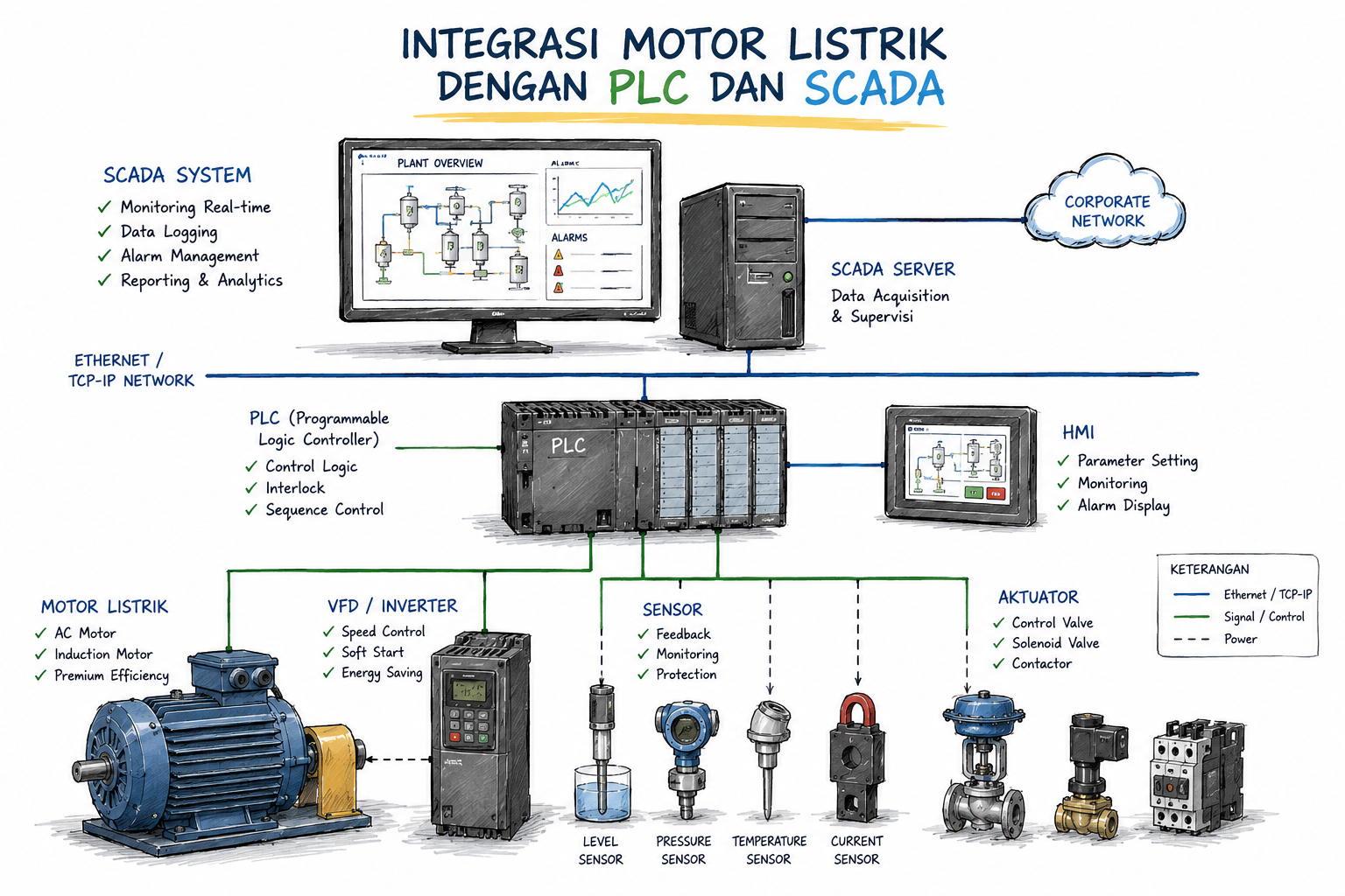 Integrasi Motor Listrik dengan Sistem PLC dan SCADA: Kunci Efisiensi dan Otomasi Industri Modern
