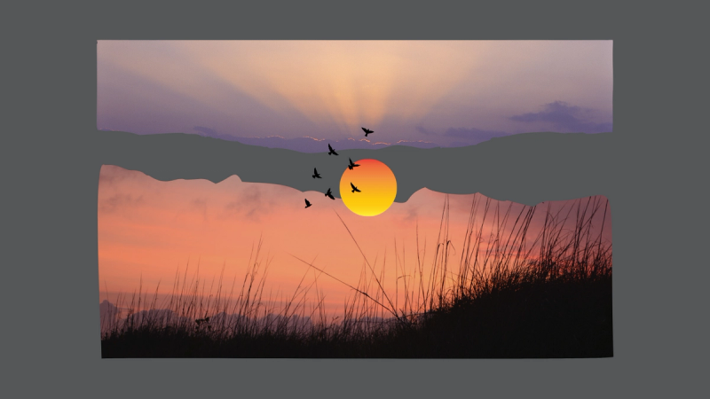 A pewter sunrise with grass in the foreground and birds flying past the sun.