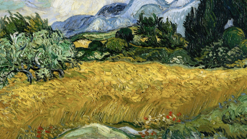 An impressionist painting of a field of wheat with trees and sky.