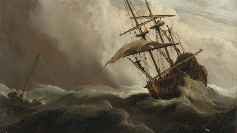 A painting of a ship on the high seas caught by a squall.