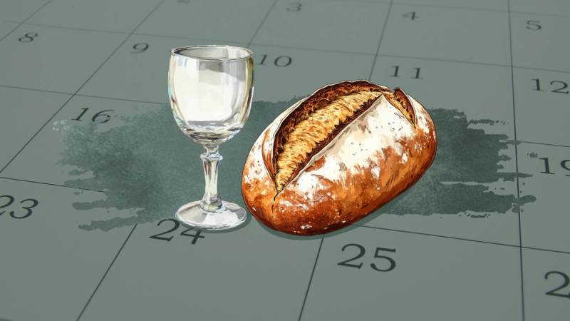 A wine goblet and loaf of bread set in front of a weekly calendar background.