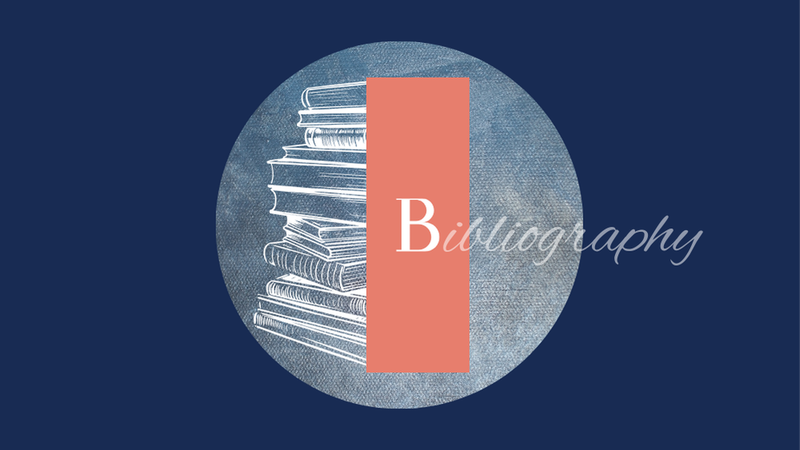 A stack of books with a blue canvas texture and the word "bibliography."