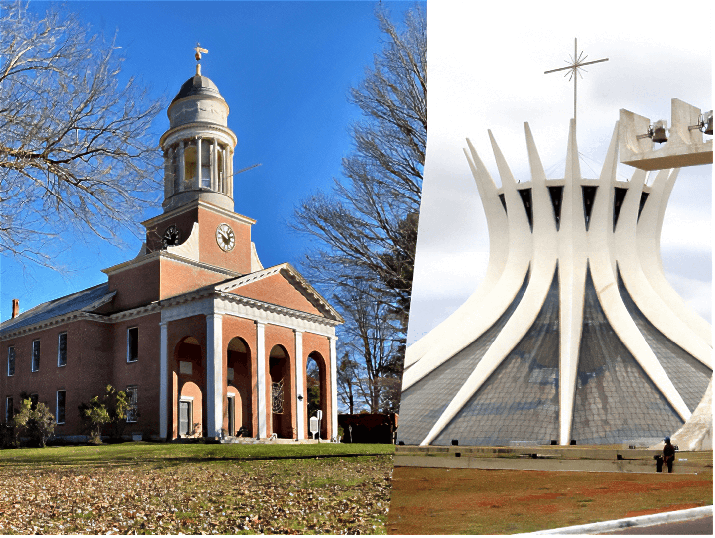 A traditional church shown next to a modern cathedral in Brazil.