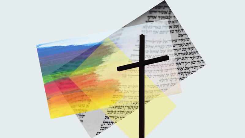 Layers of transparent images, with Hebrew Bible, painted colors, and a silhouette of a cross.
