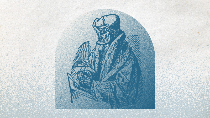 A grainy blue drawing of Erasmus writing.