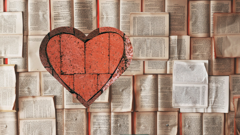 Red bricks in a heart shape over a background of open books.