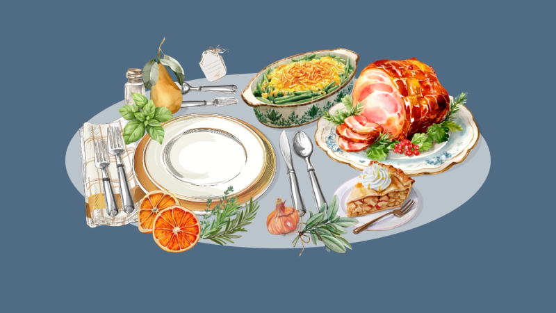 An illustration of a delicious meal with ham, green beans, and various herbs and fruit.