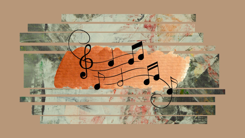 Gracefully drawn music notes on a painted green and orange background.