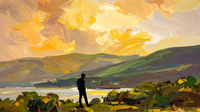 A lone young man walking along a coastal shoreline with hills in the background.