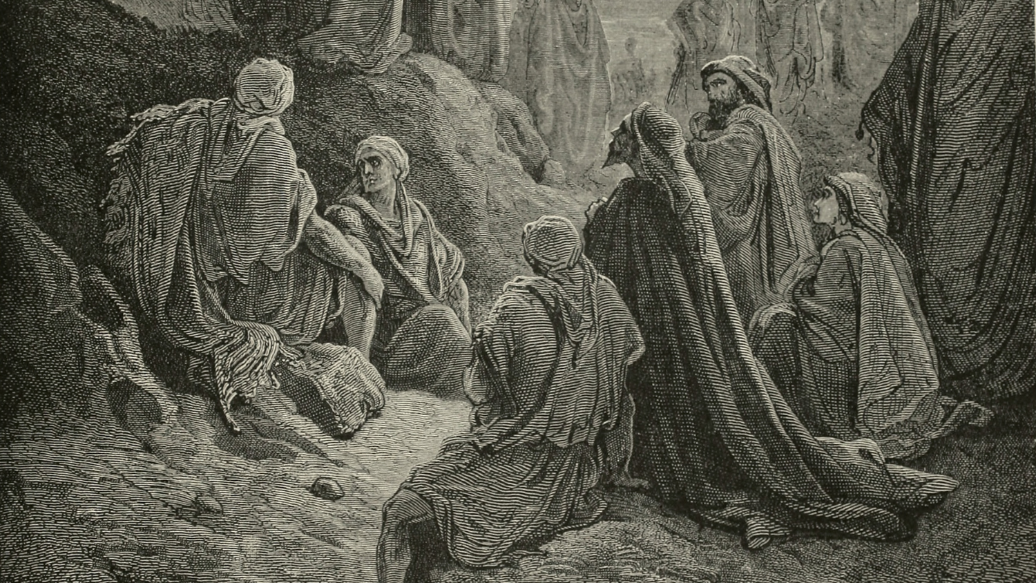 A gathering of people listen to Peter's sermon at Pentecost.