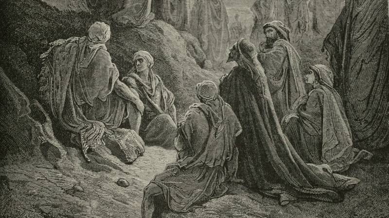 A gathering of people listen to Peter's sermon at Pentecost.