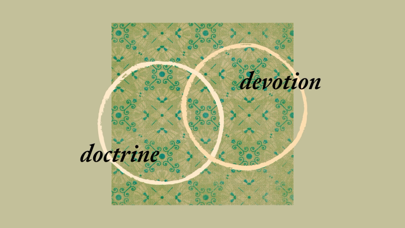 Two overlapping rings of doctrine and devotion over a patterned green backdrop.