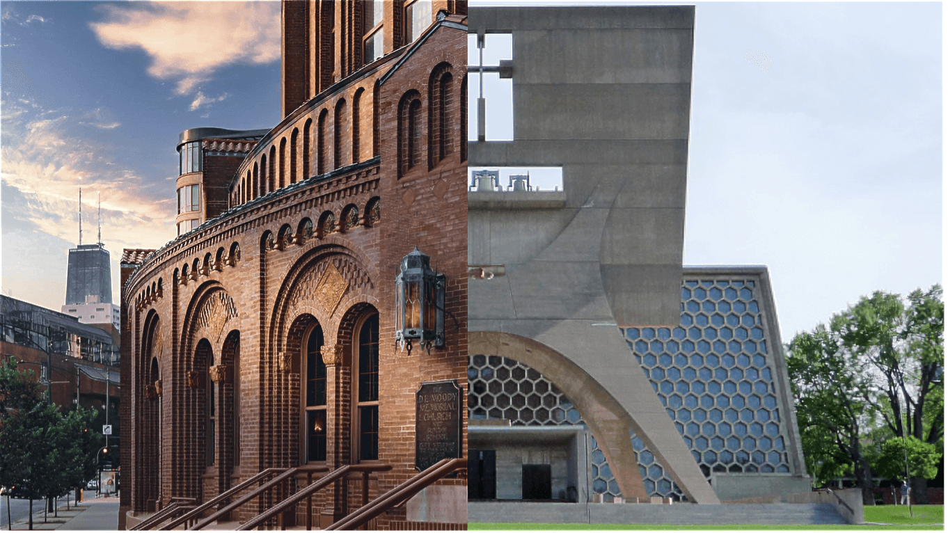 A warm red brick traditional church building shown next to a modern grey concrete church structure.