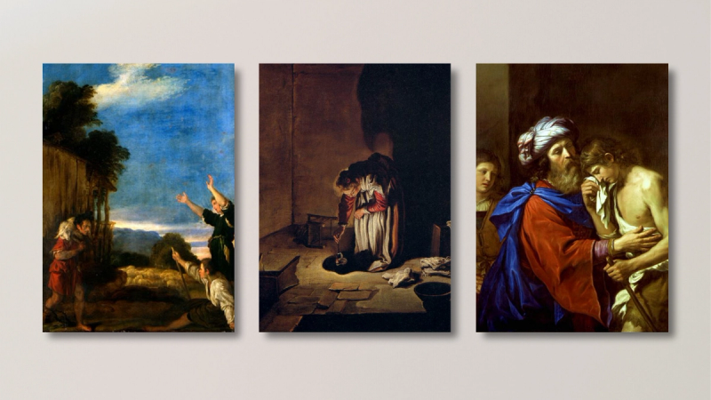 A series of three paintings depicting the parables of the lost sheep, lost coin, and lost son.