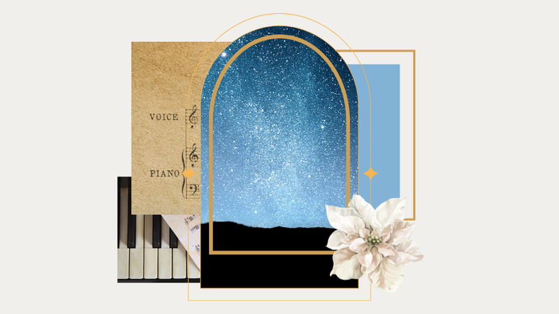 A collage with piano keys, sheet music, a starry night sky, and a white poinsettia.