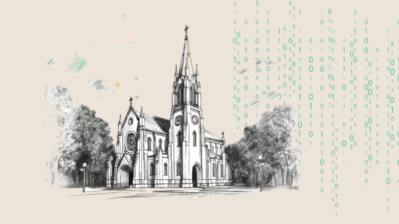 A pencil sketch of a beautiful church with digital ones and zeroes falling like rain.