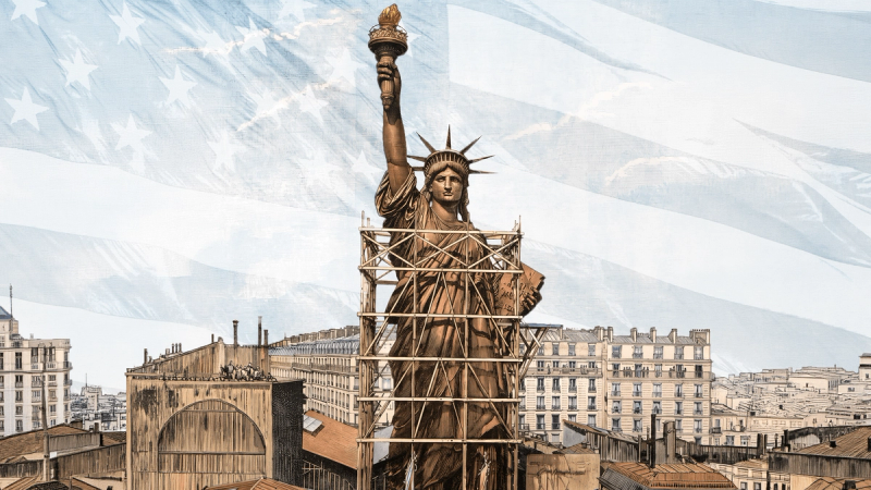 The Statue of Liberty with scaffolding in a city with an American flag faintly layered in the sky.