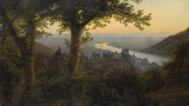 A landscape painting overlooking Heidelberg Castle from the vantage of a hill with trees.