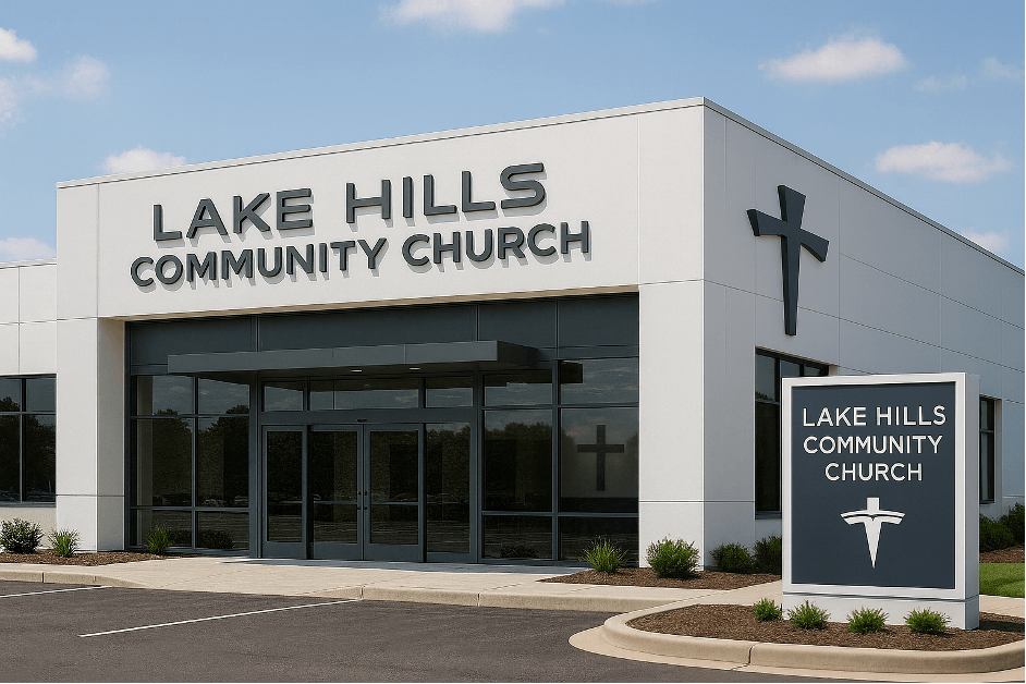 AI generated image of a square church building that resembles a Tesla dealership.